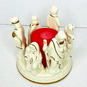 Christmas Nativity Scene Ceramic Candle Holder Ivory & Gold